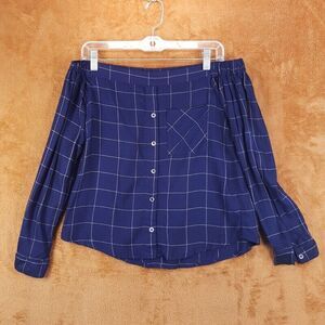 NSR Top Womens XS Blue Off The Shoulder Flannel Check Long Sleeve Pocket Soft